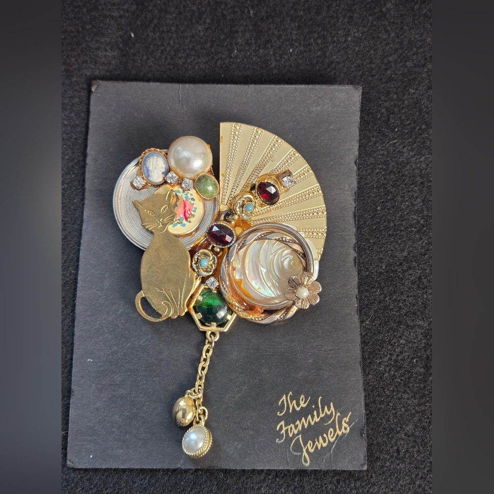 Gold and Silver Cat Brooch with Gem Accents